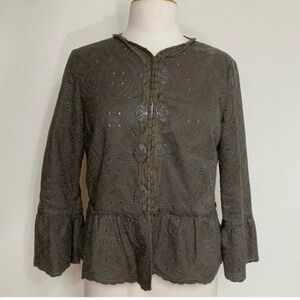 Elie Tahari Womens Brown Cotton Eyelet Peplum Flute Sleeve Jacket Size M Coastal